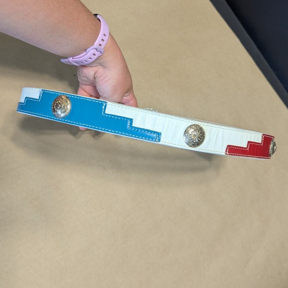 Justin Boots Concha Leather Western Belt Red White Blue Southwestern Cowgirl 32